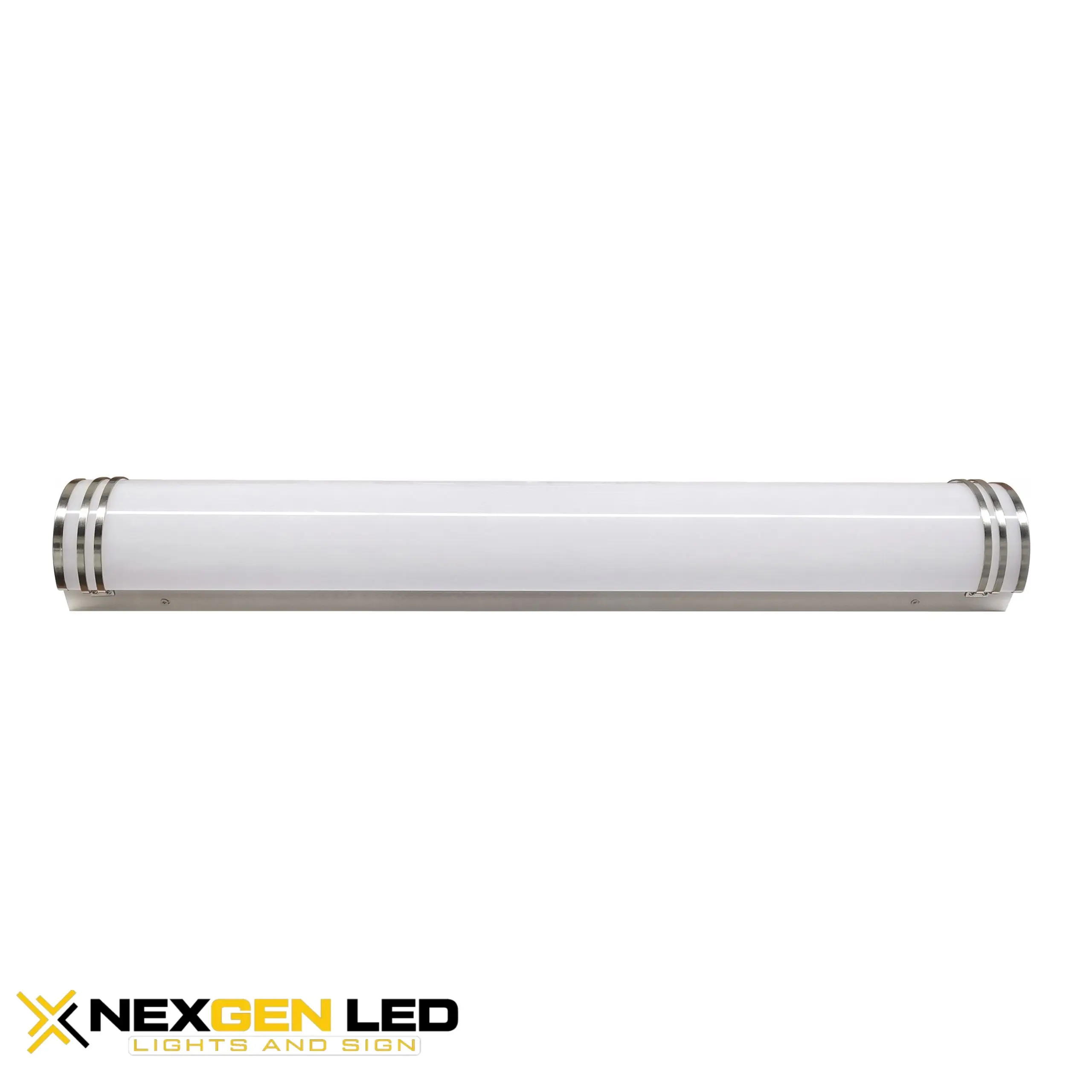 1-4-scaled-1.webp 24,36,48″X5-1/2″X3-1/4″ LED Vanity Fixture, Steel housing, White finish base, Brushed nickel finish ring, white PC lens, 25W DOB, CRI 80, 5000K - Image 1