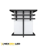8-1/2″W x 5″D x 9-1/4″H Outdoor wall light, steel housing with BK finish, acrylic diffuser. 15W, CRI 80, 5000K