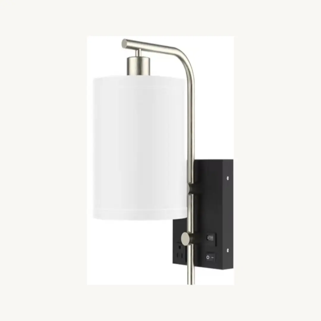 2592.webp BELAGIO single bedside wall sconce,1pcs round white linen shade,1pcs switch,1pcs type-c,1pcs outlet,1pcs black matte finished,1pcs E26 bulb base(without bulb),3pcs carton - Image 1