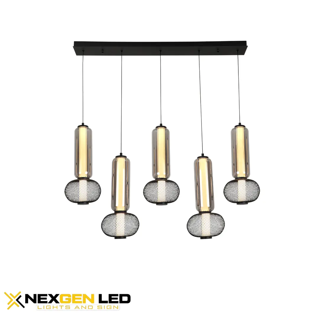 2817.webp MetroMesh 5-Light Cluster Pendant – Smoked Glass & Black Wire Mesh Design - Image 1
