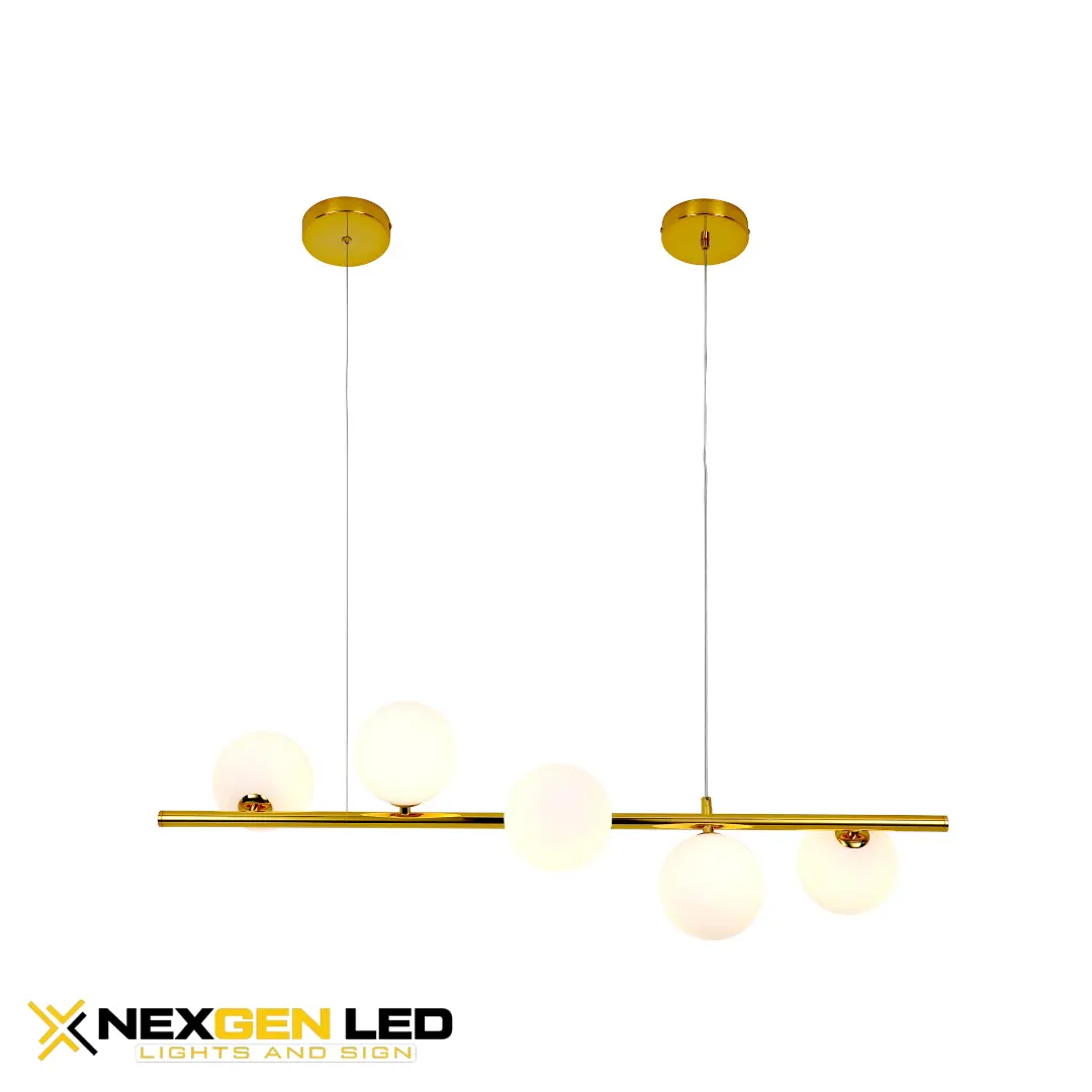 2844.webp Modern Linear Globe Pendant Light – 5 Frosted Glass Globes on Gold Rod - Image 1