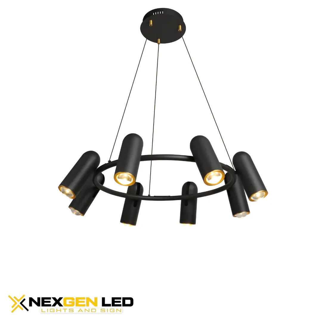 2845.webp Modern Circular Chandelier with 8 Black Cylinder Spotlights - Image 1