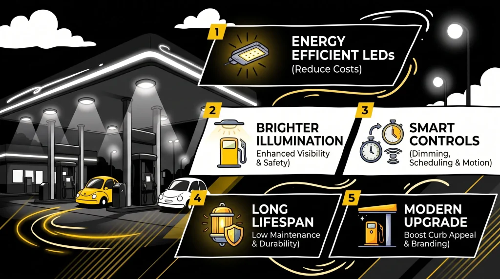 Find the right wattage and IP rating for LED canopy lights for gas station and loading dock overhangs with this NEXGEN LED guide.