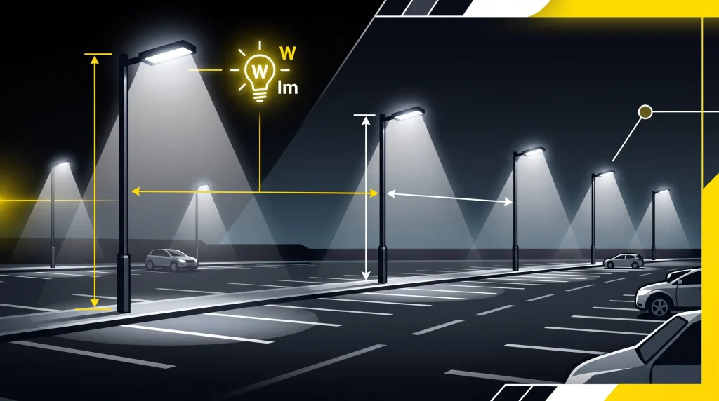 Learn how LED pole lights for parking lot projects are planned, including pole height, spacing, wattage, photometrics, and uniformity.