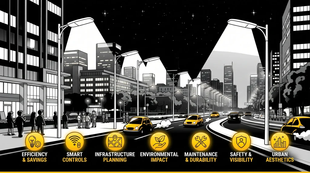 LED street lights for municipal projects: learn DLC, wattage, photocells, roadway classification, pole spacing, and product selection.