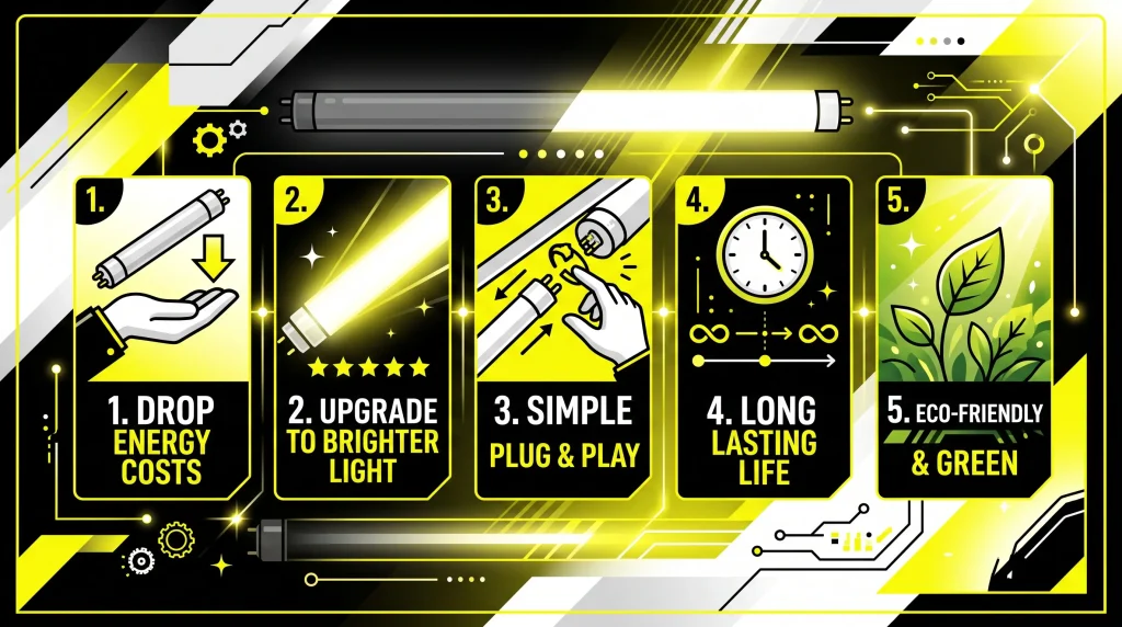 Get real facts on LED tube fluorescent replacement options, wattage, and ballast setup for T8 and T5 fixtures from NEXGEN LED.