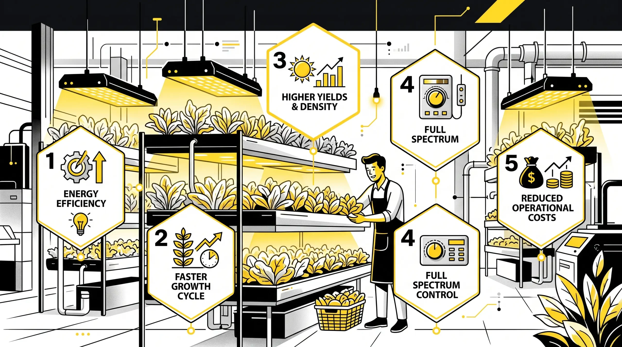 Find the right commercial LED grow lights for your greenhouse or vertical farm with this wattage and PPFD guide from NEXGEN LED.