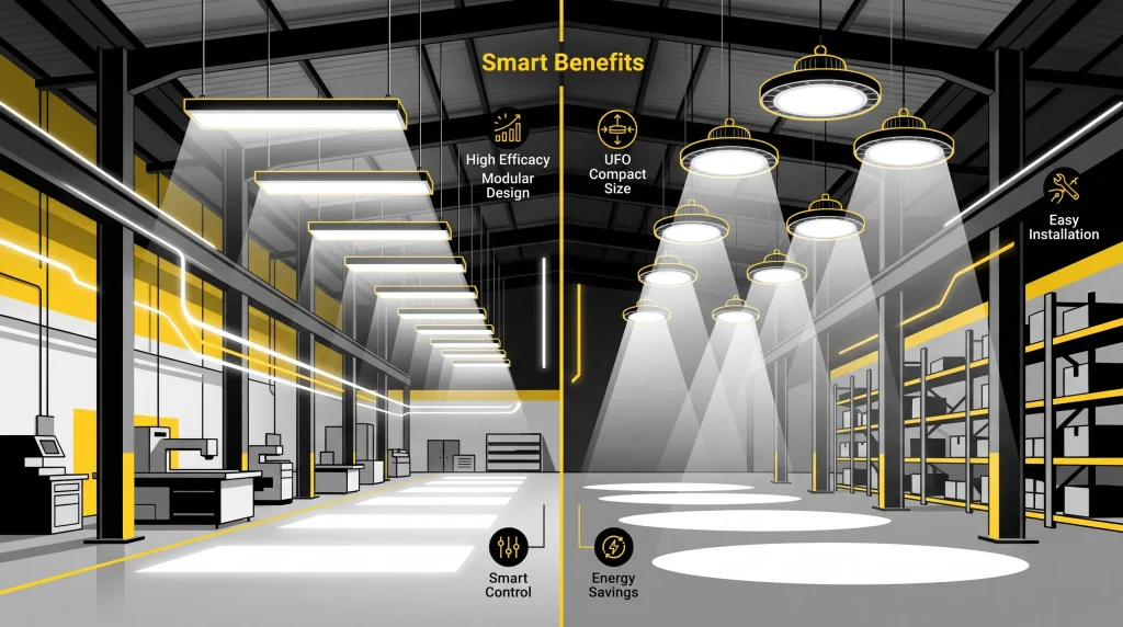 Linear high bay vs UFO high bay: compare beam angles, uniformity, mounting, efficacy, and applications to choose the right industrial lighting.